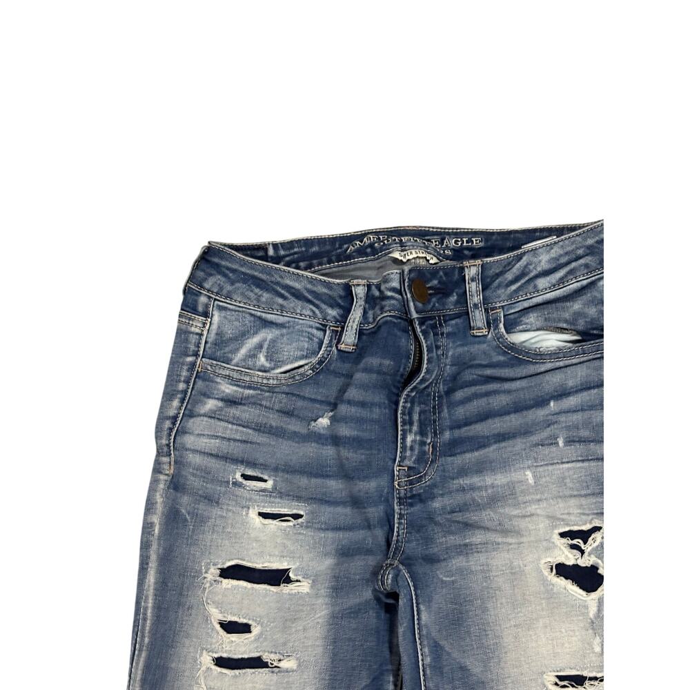 American Eagle 8 Hi rise jegging crop super stretch blue jeans destroyed euc